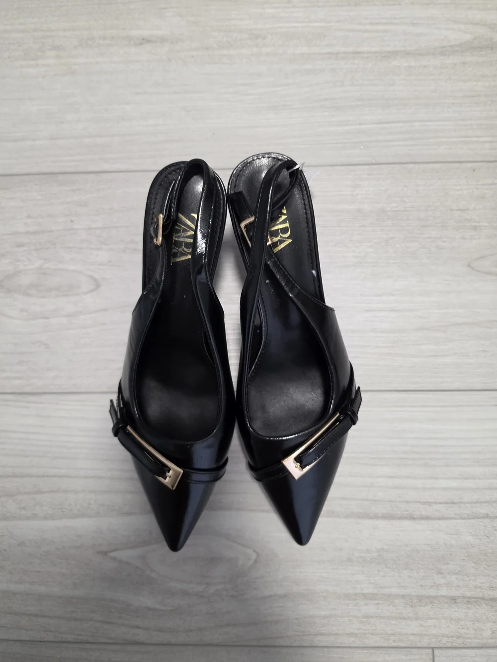 ZARA Black Pointed Slingback Pumps with Gold Accent Buckles - Picture 2 of 5